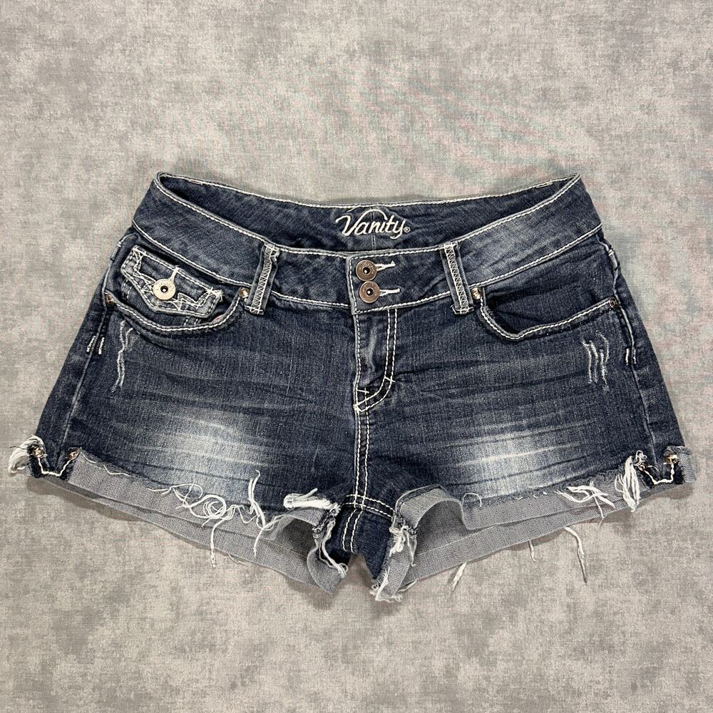 Y2K Vanity Low Rise Denim Shorts Dark Wash Embroidered Cut off Womens 28